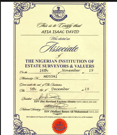 CERTIFICATE OF ASSOCIATION ISSUED BY THE NIGERIAN INSTITUTION OF ESTATE SURVEYORS VALUERS
