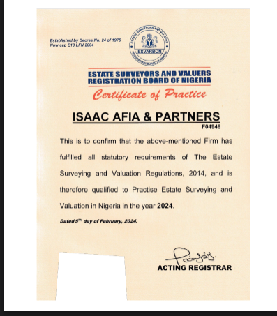 CERTIFICATE OF PRACTICE ISSUED BY THE ESTATE SURVEYORS AND VALUERS REGISTRATION BOARD OF NIGERIA