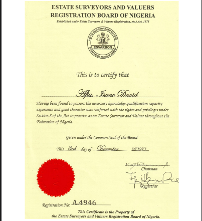 CERTIFICATE OF QUALIFICATION OF PRACTICE ISSUED BY THE ESTATE SURVEYORS AND VALUERS REGISTRATION BOARD OF NIGERIA
