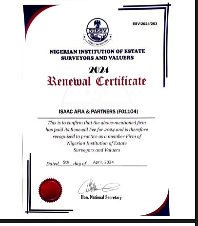 CERTIFICATE OF RENEWAL ISSUED BY THE NIGERIAN OF ESTATE SURVIVORS AND VALUERS