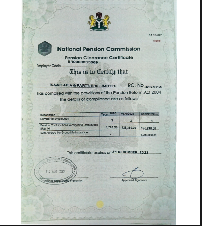 PENSION CLEARANCE CERTIFICATE ISSUED BY THE NATIONAL PENSION COMMISSION
