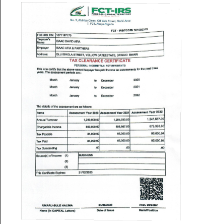 TAX CLEARANCE CERTIFICATE ISSUED BY THE FEDERAL CAPITAL TERRITORY INTERNAL REVENUE SERVICE